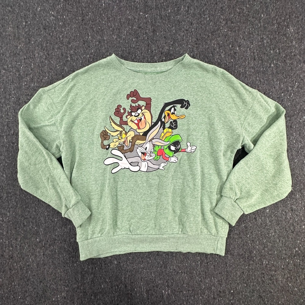 Looney Tunes Graphic Sweatshirt Taz Bugs Bunny Daffy Green Crewneck Size XL